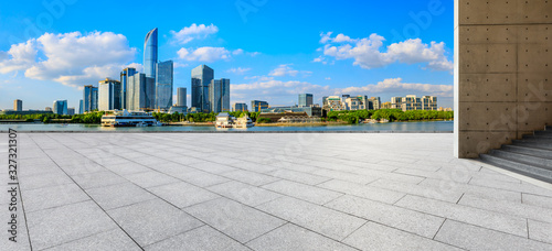 Empty square floor and modern city skyline with buildings in Suzhou,panoramic view.