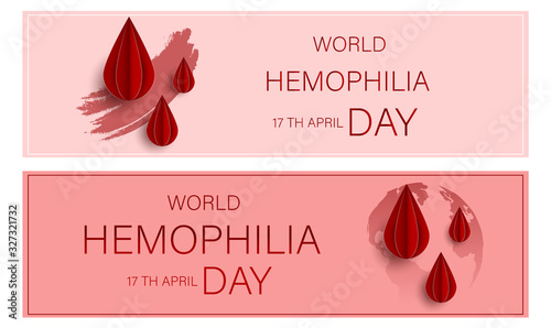 World Hemophilia Day set cards 17 april. Paper art vector illustration contains red bleeding heart on red background. Medical concept in the care of patients with hemophilia