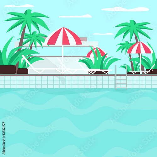 Poolside flat color vector illustration. Hotel loungers for summer vacation. Palms near lounge chairs. Seaside party place. Private pool 2D cartoon landscape with umbrellas on background