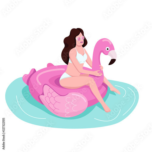 Girl sits on inflatable flamingo flat color vector faceless character. Female tourist at beach resort. Person on pink air mattress. Woman in sunglasses at pool party isolated cartoon illustration