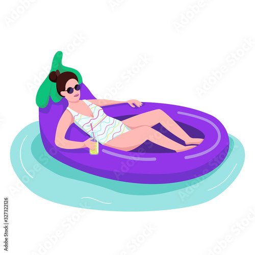 Attractive woman in sunglasses flat color vector faceless character. Young adult with drink. Female in swimsuit on inflatable eggplant ring. Girl floating on water toy isolated cartoon illustration