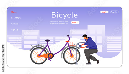 Bicycle landing page flat color vector template. Man stealing street vehicle. Thief cutting bike security lock. Homepage layout. One page website interface with cartoon character. Web banner, webpage