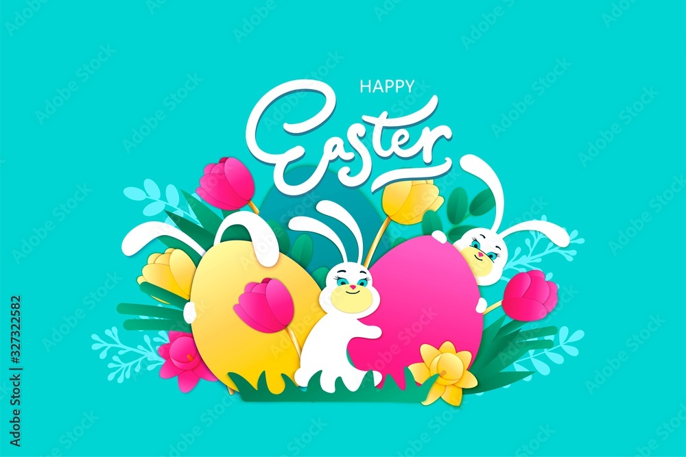 Happy Easter vector illustration with white hare, eggs and spring flowers. Happy Easter vector illustration with white hare, eggs and spring flowers.