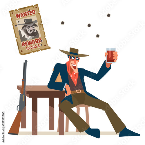 Happy robber celebrating a successful RAID. The Wild West Saloon. Vector flat cartoon illustration