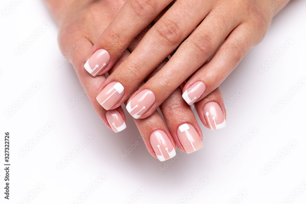 Wedding french manicure on short square nails. Classic white manicure. Wedding french manicure on short square nails. Classic white manicure.