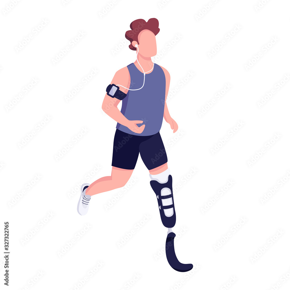 Runner with artificial leg flat color vector faceless character. Handicap sportsman training. Young man with disability jogging isolated cartoon illustration for web graphic design and animation