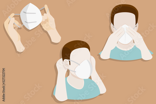 Minimal 2d shaded man instructing how to wear a mask properly in sequential three steps