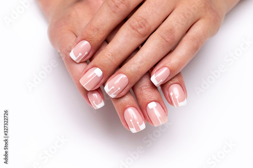 Wedding french manicure on short square nails. Classic white manicure.