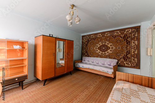 Russia, Moscow- November 04, 2019: interior room apartment modern bright cozy atmosphere. general cleaning, decrepit old sloppy non modern setting. cosmetic repairs required photo