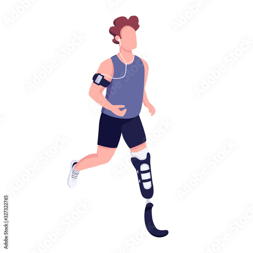 Runner with artificial leg flat color vector faceless character. Handicap sportsman training. Young man with disability jogging isolated cartoon illustration for web graphic design and animation
