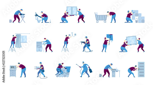 Handyman flat color vector faceless characters set. Handyperson DIYs. Professional workers. Repairman for house improvement. Home repairs isolated cartoon illustrations on white background