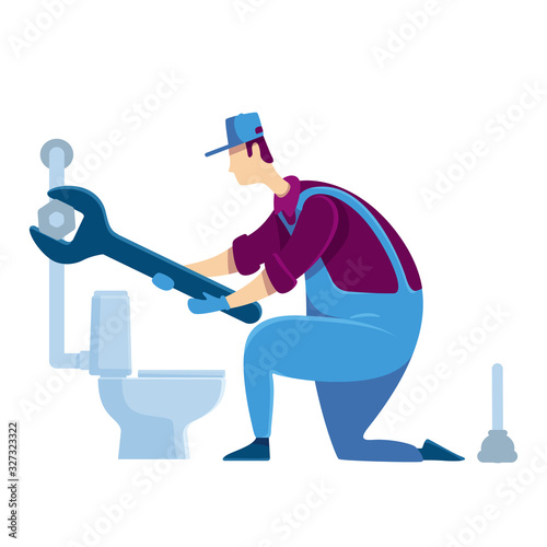 Plumber flat color vector faceless character. Specialist fixing toilet. Handyman with wrench. House improvement. Handyperson repairs pipeline. Home repairs isolated cartoon illustration