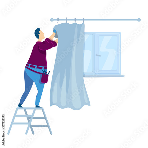 Handyperson flat color vector faceless character. Man hanging curtains. Guy near window with drapery. House improvement. Interior decorating. Home repairs isolated cartoon illustration