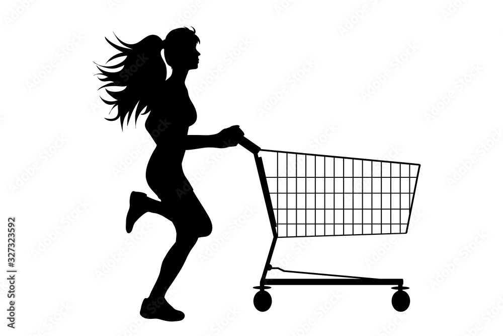 Vector silhouette of woman running and push shopping cart on white background. Symbol of shop accessories and sale. Vector silhouette of woman running and push shopping cart on white background. Symbol of shop accessories and sale.