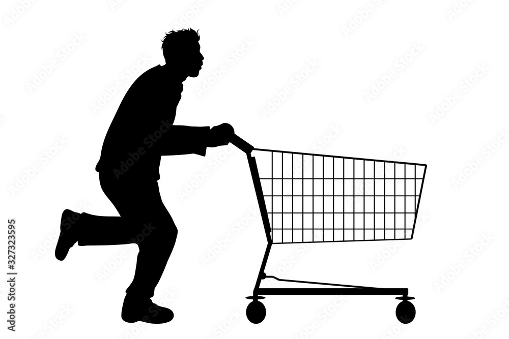 Vector silhouette of man running and push shopping cart on white background. Symbol of shop accessories and sale. Vector silhouette of man running and push shopping cart on white background. Symbol of shop accessories and sale.