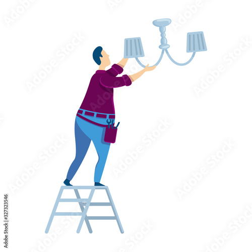 Changing light bulb flat color vector faceless character. Man changing light bulb. Handyworker on ladder. Guy with tools replacing bulb. House maintenance. Home repair isolated cartoon illustration
