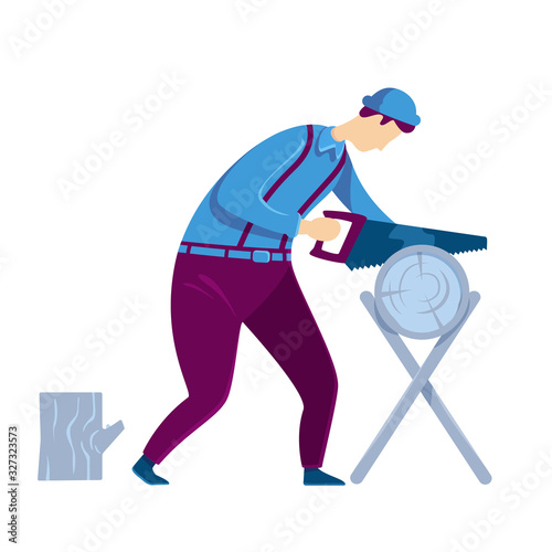 Carpenter flat color vector faceless character. Man hand sawing tree trunk. Craftsman with timber. Lumberjack work process. Workshop desk. Home repair isolated cartoon illustration