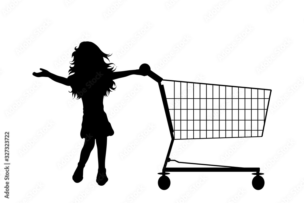 Vector silhouette of girl push shopping cart on white background. Symbol of shop accessories. Vector silhouette of girl push shopping cart on white background. Symbol of shop accessories.