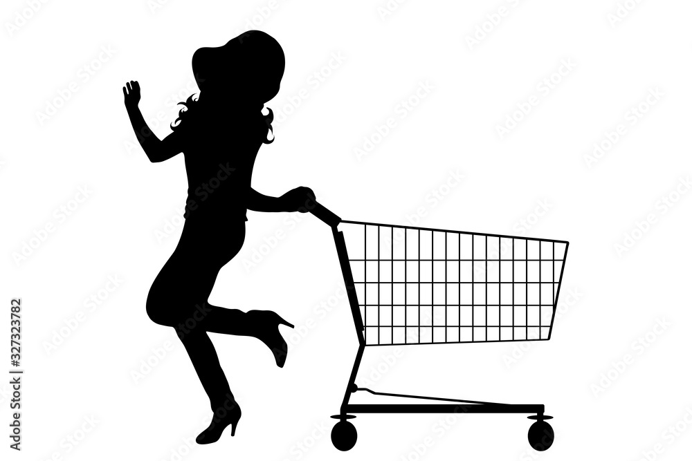 Vector silhouette of woman push shopping cart on white background. Symbol of shop accessories and sale.