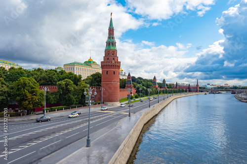 Moscow. Russia. Kremlin embankment on a cloudy summer day. Moscow river and the Kremlin. Sights to see in Moscow. Center of the capital of Russia. Grand Kremlin Palace and churches.