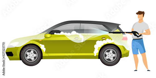 Man washing hatchback flat color vector faceless character. Guy using high pressure cleaner isolated cartoon illustration for web graphic design and animation. Guy cleaning car with power washer