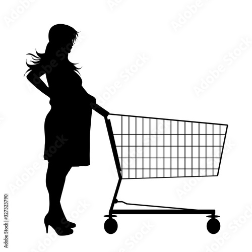 Vector silhouette of pregnant woman push shopping cart on white background. Symbol of shop accessories and sale.