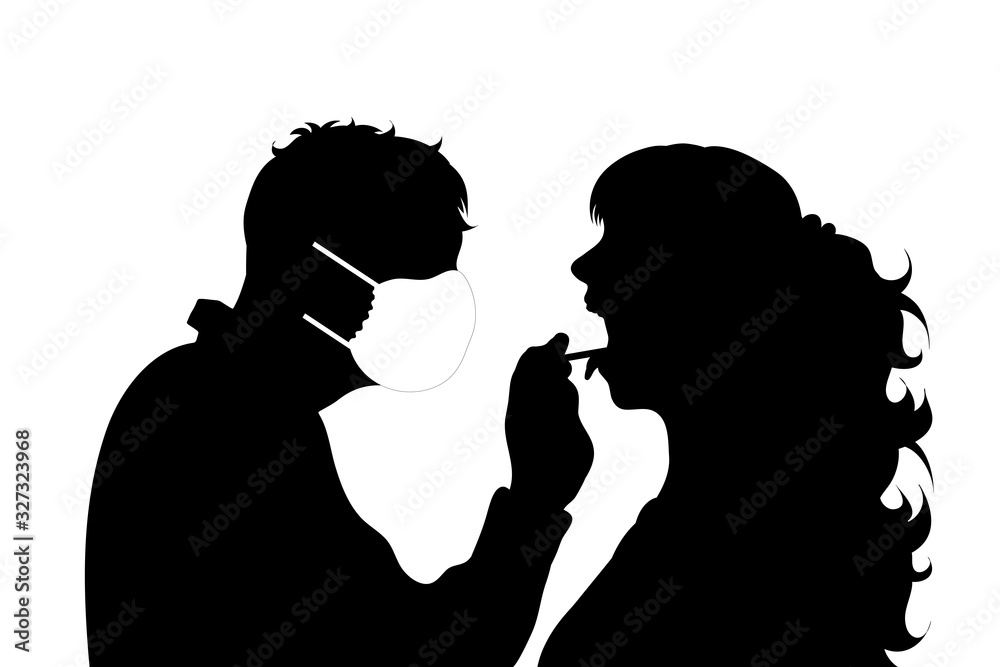 Vector silhouette of doctor examining a patient with medical mask on white background. Symbol of healthy and sick. Danger of coronavirus.