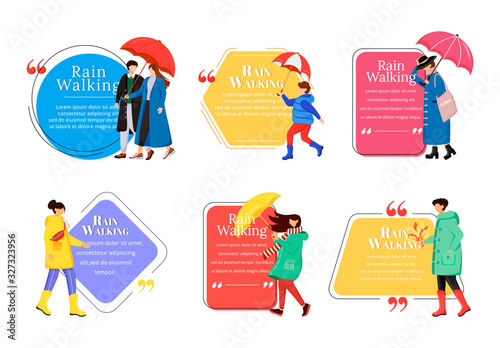 Rain walking flat color vector character quotes set. Wet weather. Caucasian people. Men and women with umbrellas. Citation blank frame template. Speech bubble. Quotation empty text box design