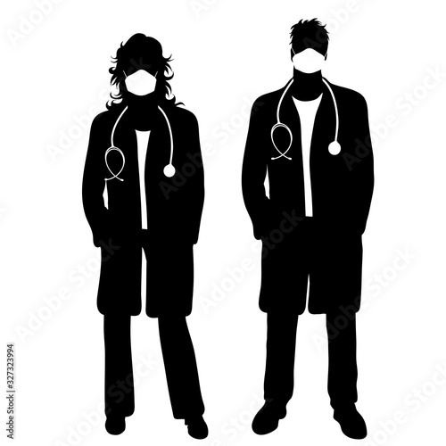 Vector silhouette of anonymous doctor with medical mask on white background. Symbol of healthy and sick. Danger of coronavirus.