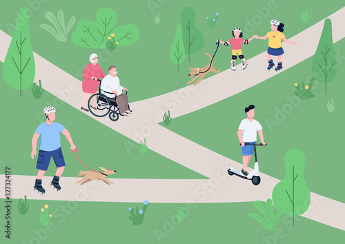 Weekend relax in park flat color vector illustration. Roller skaters, kids with pets, boy on electric scooter, elderly couple 2D cartoon characters with trees and paths on background