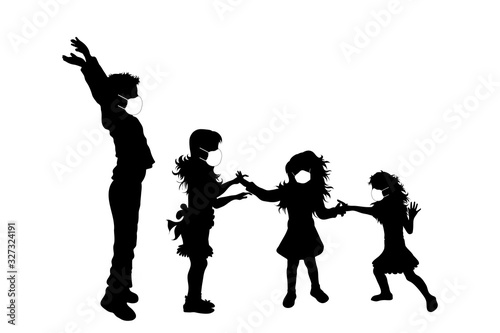 Vector silhouette of anonymous children with medical mask on white background. Symbol of healthy and sick. Danger of coronavirus.
