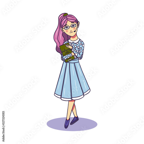 Illustration of a young translator girl with pink hair and a dictionary book in hands in a blue polka dot dress.