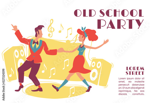 Old school party banner flat vector template. Rock n roll retro style disco  70s dances. Brochure  poster concept design with cartoon characters. Horizontal flyer  leaflet with place for text