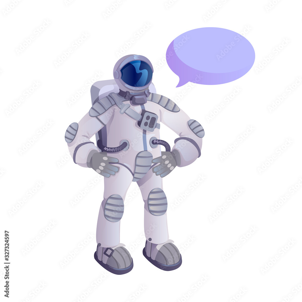 Spaceman in spacesuit flat cartoon vector illustration. Universe explorer. Ready to use 2d character template for commercial, animation, printing design. Isolated comic hero with empty speech bubble Spaceman in spacesuit flat cartoon vector illustration. Universe explorer. Ready to use 2d character template for commercial, animation, printing design. Isolated comic hero with empty speech bubble