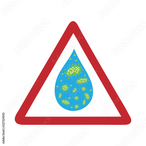 Vector illustration of warning sign contaminated water by bacteria on white background. Symbol of disease and health.