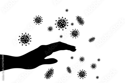 Vector silhouette of hand contaminated with bacteria on white background. Symbol of disease and coronavirus.