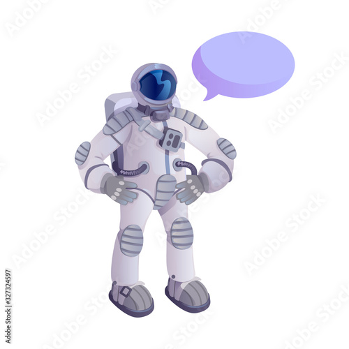 Spaceman in spacesuit flat cartoon vector illustration. Universe explorer. Ready to use 2d character template for commercial, animation, printing design. Isolated comic hero with empty speech bubble