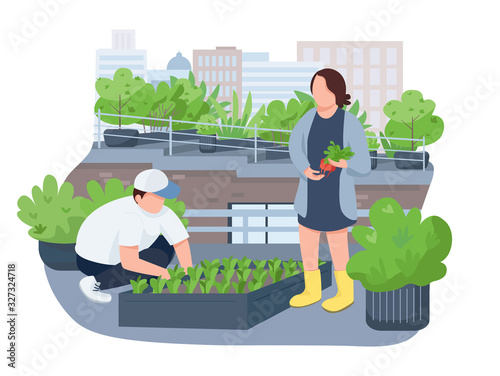 Seedlings growing 2D vector web banner, poster. People planting greenery, gardeners flat characters on cartoon background. Urban gardening, agriculture printable patches, colorful web elements
