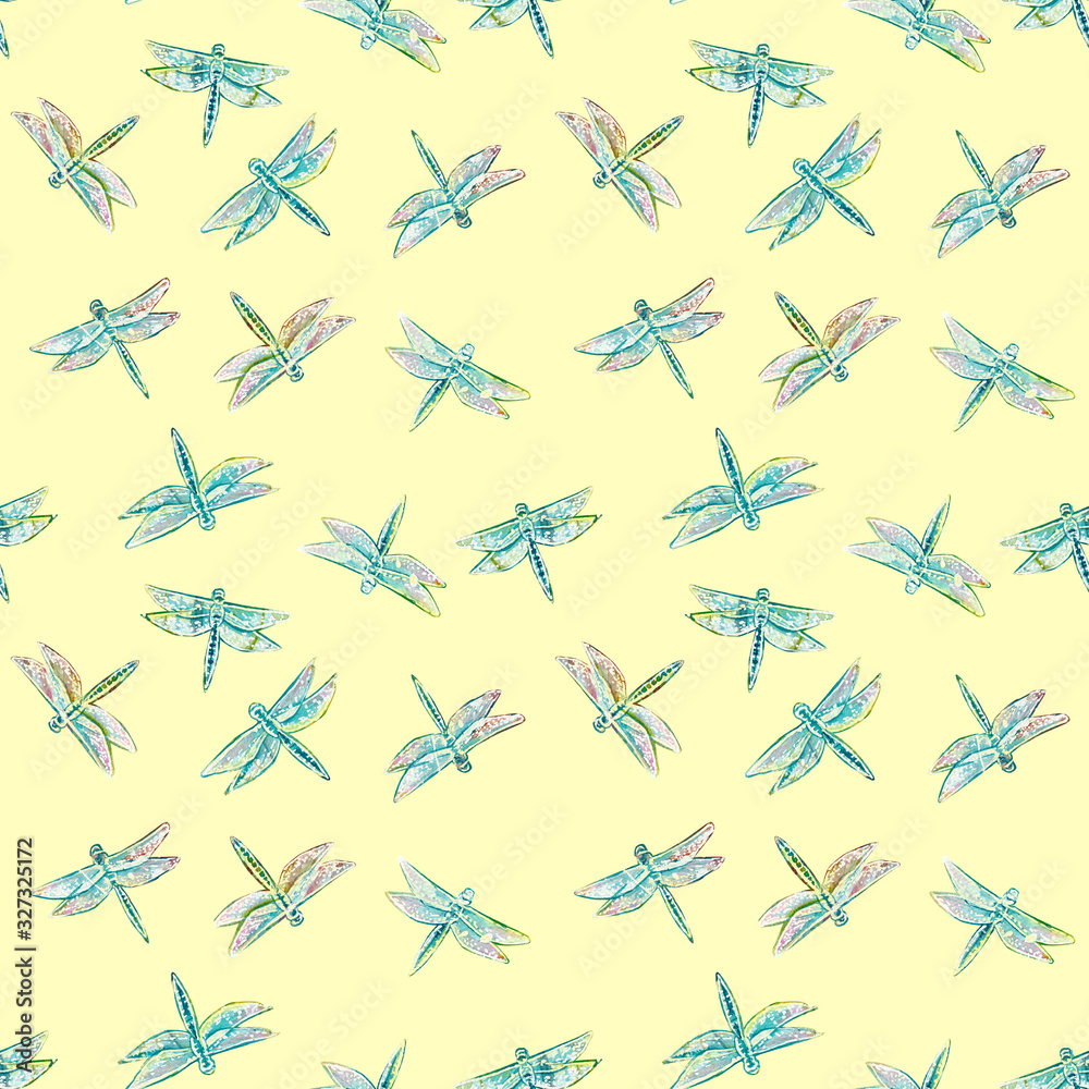 Seamless texture Set of dragonflies insects watercolor bright summer wings on yellow background Seamless texture Set of dragonflies insects watercolor bright summer wings on yellow background