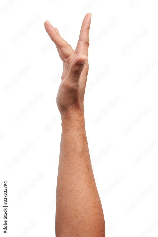 Male Asian hand gestures isolated over the white background. Pointing Visual Touch Action.