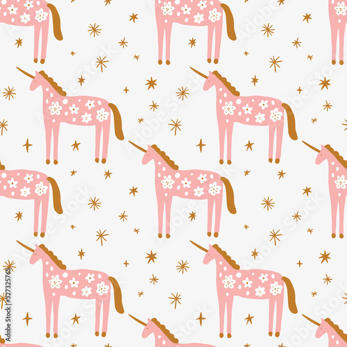 Seamless pattern with modern unicorns and stars, space constellations. Beautiful wall art wrapping paper or cloth texture with repeated contour ornate animals. Patterned horses in Scandinavian style. 
