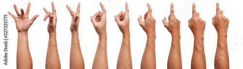 GROUP OF Male Asian hand gestures isolated over the white background. Pointing Visual Touch Action.