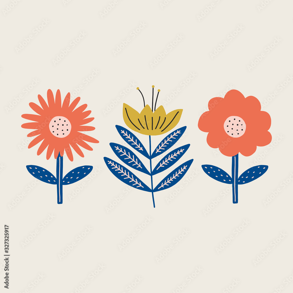 Obraz premium Modern folk boho single isolated flowers in Scandinavian style. Floral Slovak plant cutout collage decor elements. Swedish folklore drawing, Nordic wildflower concept. Vector EPS clip art