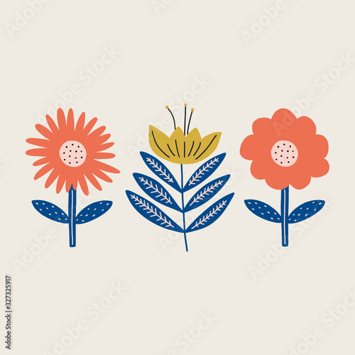 Modern folk boho single isolated flowers in Scandinavian style. Floral Slovak plant cutout collage decor elements. Swedish folklore drawing, Nordic wildflower concept. Vector EPS clip art