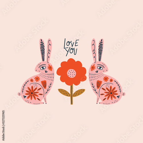 Modern folk tribal boho patterned animals in Scandinavian style. Floral Slovak ornament, inspired by northern mythology and fairy tales. Swedish folklore drawing, Nordic flowers pattern. Woodland char
