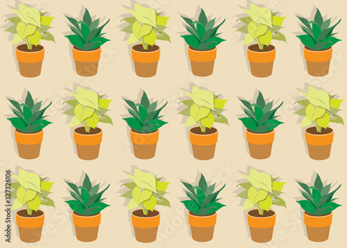 Beautiful minimal 2d detailed shaded decoration ornamental plants in flowerpots as a semaless pattern wallpaper