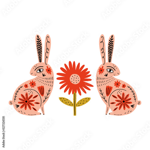 Modern folk tribal boho patterned animals in Scandinavian style. Floral Slovak ornament, inspired by northern mythology and fairy tales. Swedish folklore drawing, Nordic flowers pattern. Woodland char