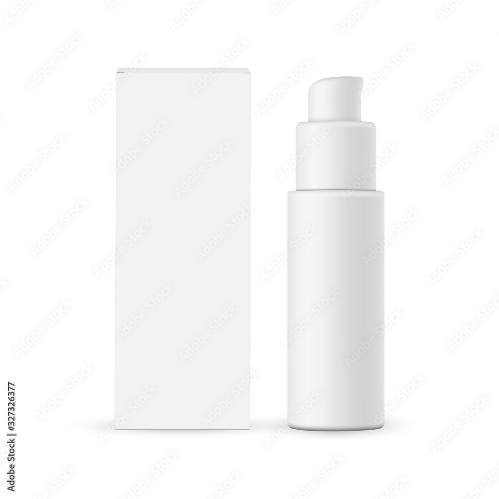 Cosmetic pump bottle with cardboard box mockup isolated on white background. Vector illustration Cosmetic pump bottle with cardboard box mockup isolated on white background. Vector illustration