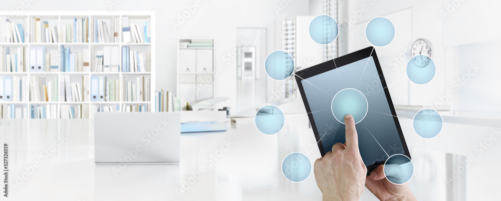 office business work concept, hand touch screen empty icons of digital tablet, web banner and copy space template office business work concept, hand touch screen empty icons of digital tablet, web banner and copy space template