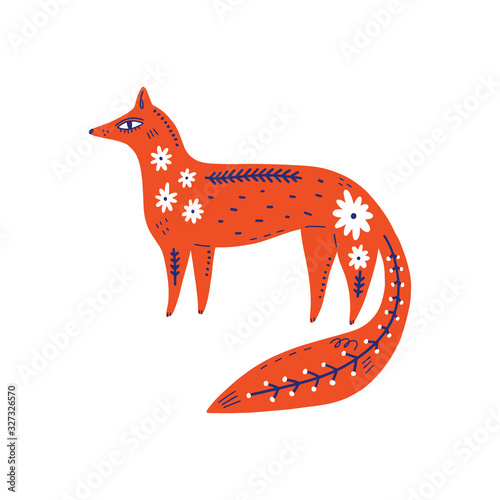 Modern folk tribal boho patterned animal in Scandinavian style. Floral Slovak ornament, inspired by northern mythology and fairy tales. Swedish folklore drawing, Nordic flowers pattern. Woodland chara